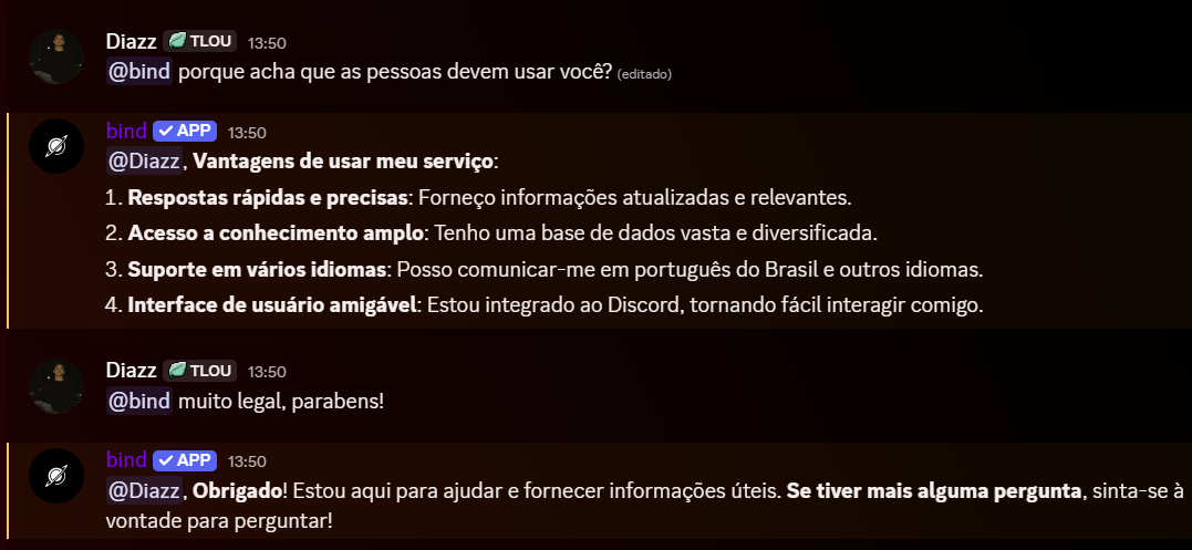 Demonstração do Bind IA no Discord